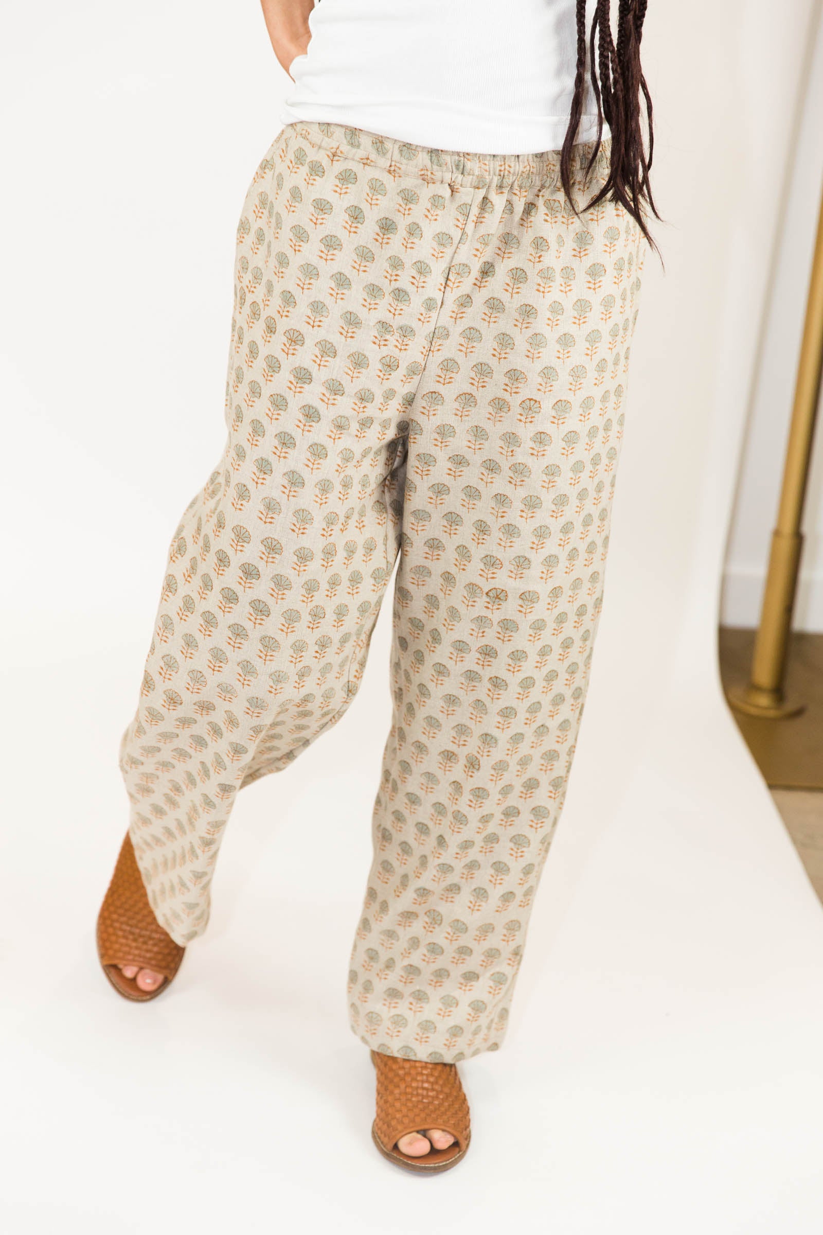 Block Printed Linen Pants in Grove
