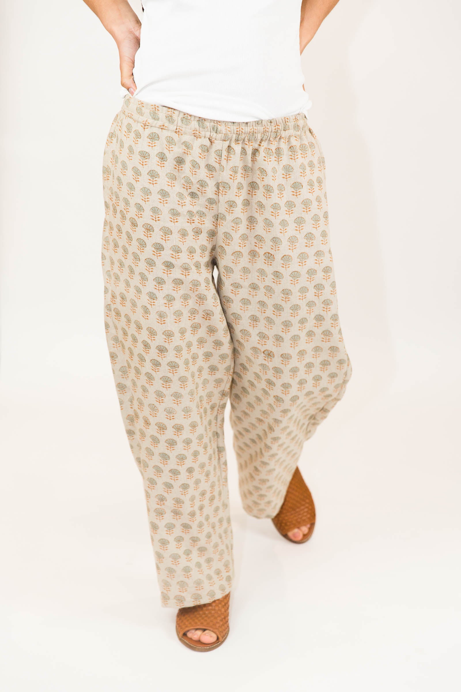 Block Printed Linen Pants in Grove
