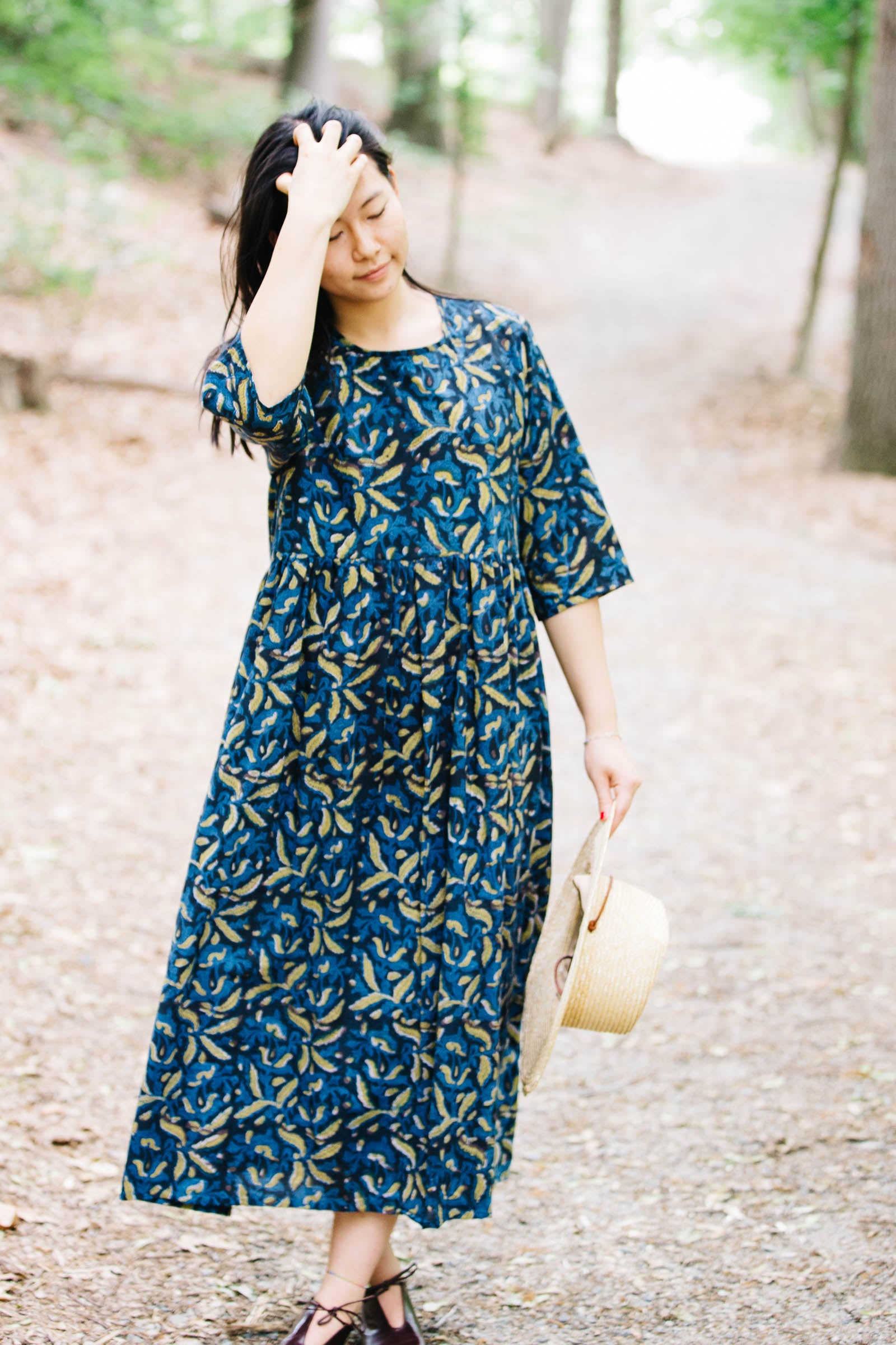 Doree Dress in Indigo Floral Block Print