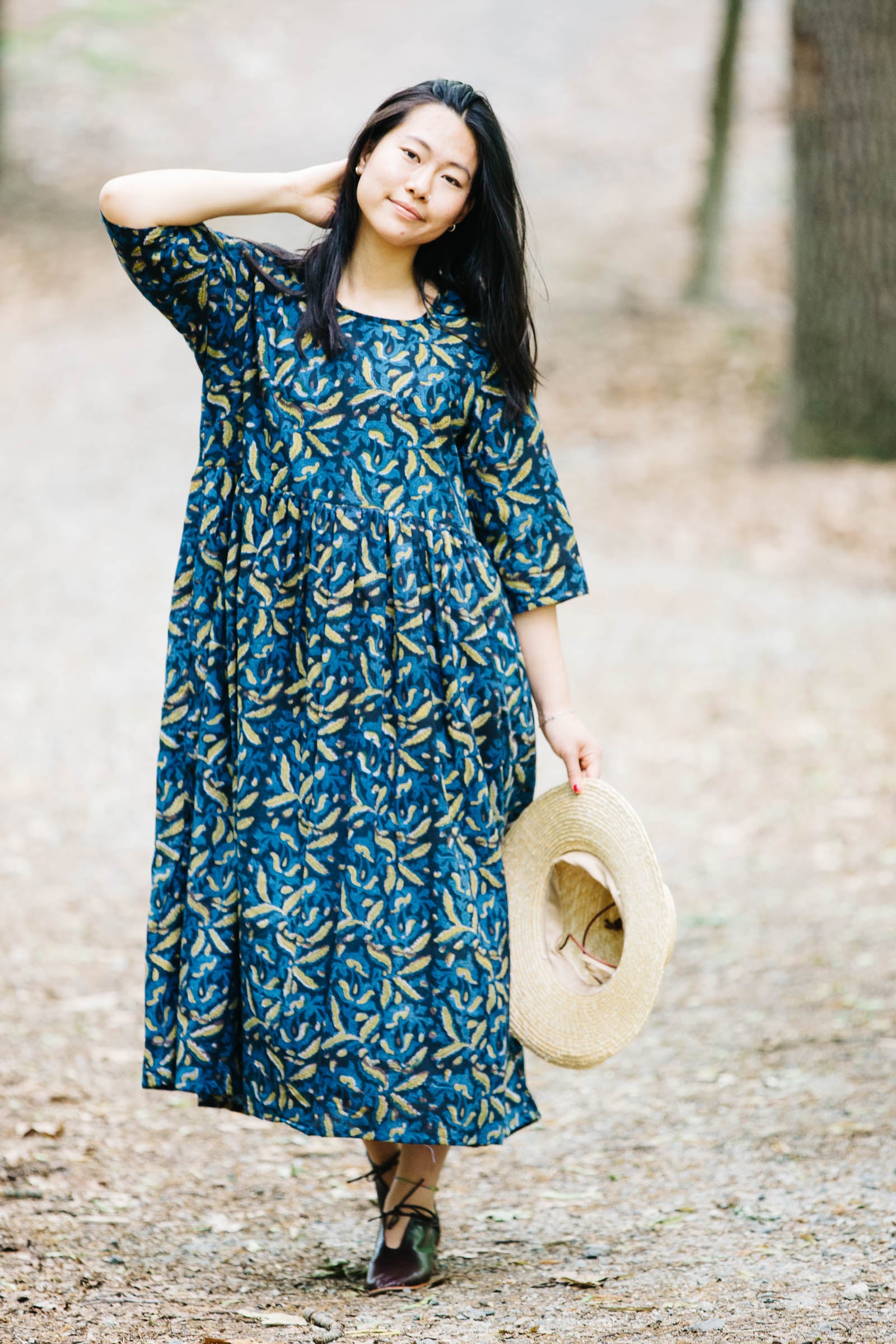 Doree Dress in Indigo Floral Block Print