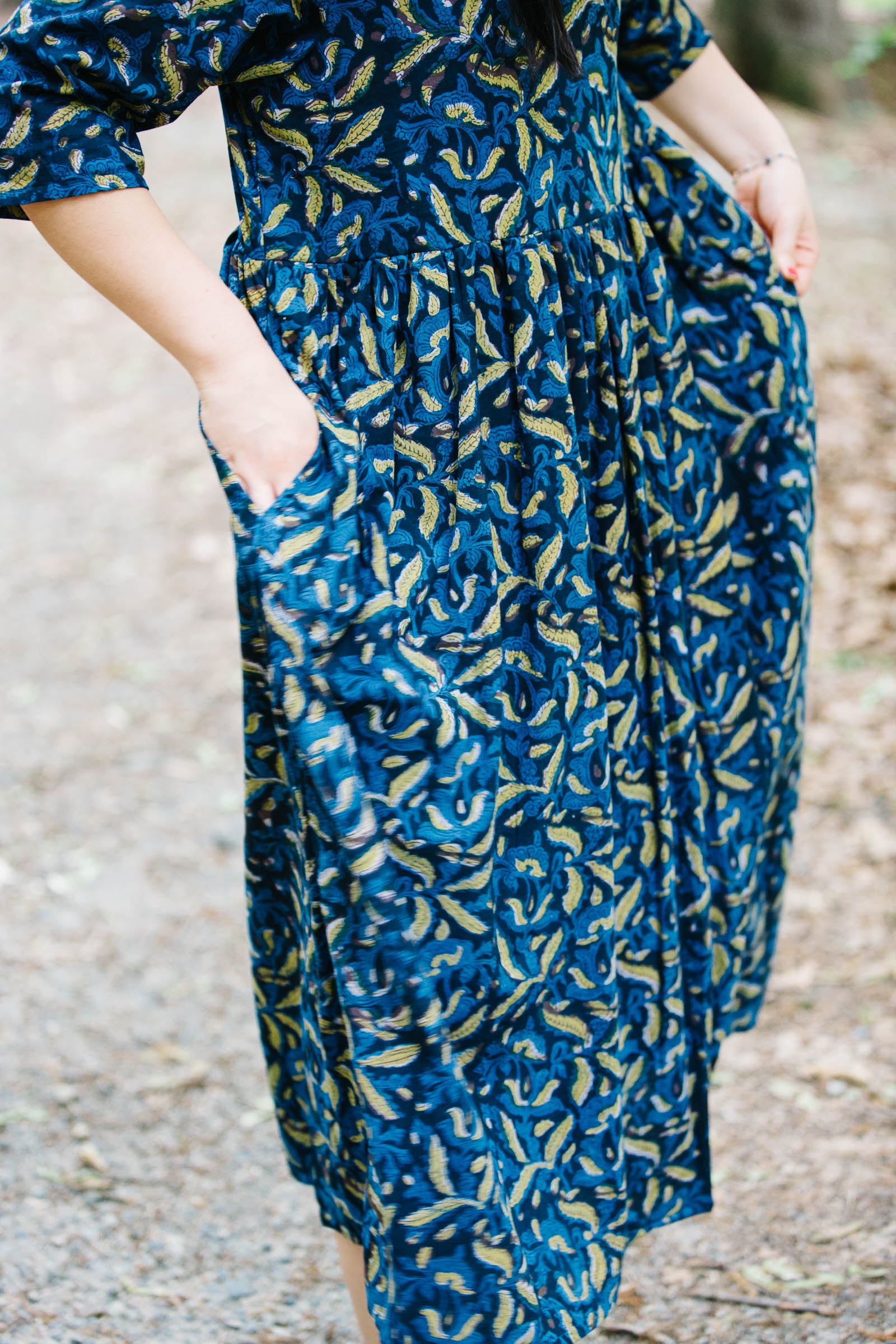 Doree Dress in Indigo Floral Block Print