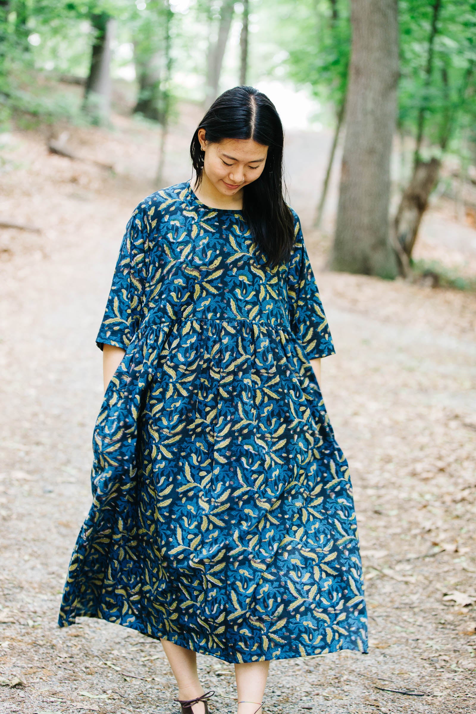 Doree Dress in Indigo Floral Block Print