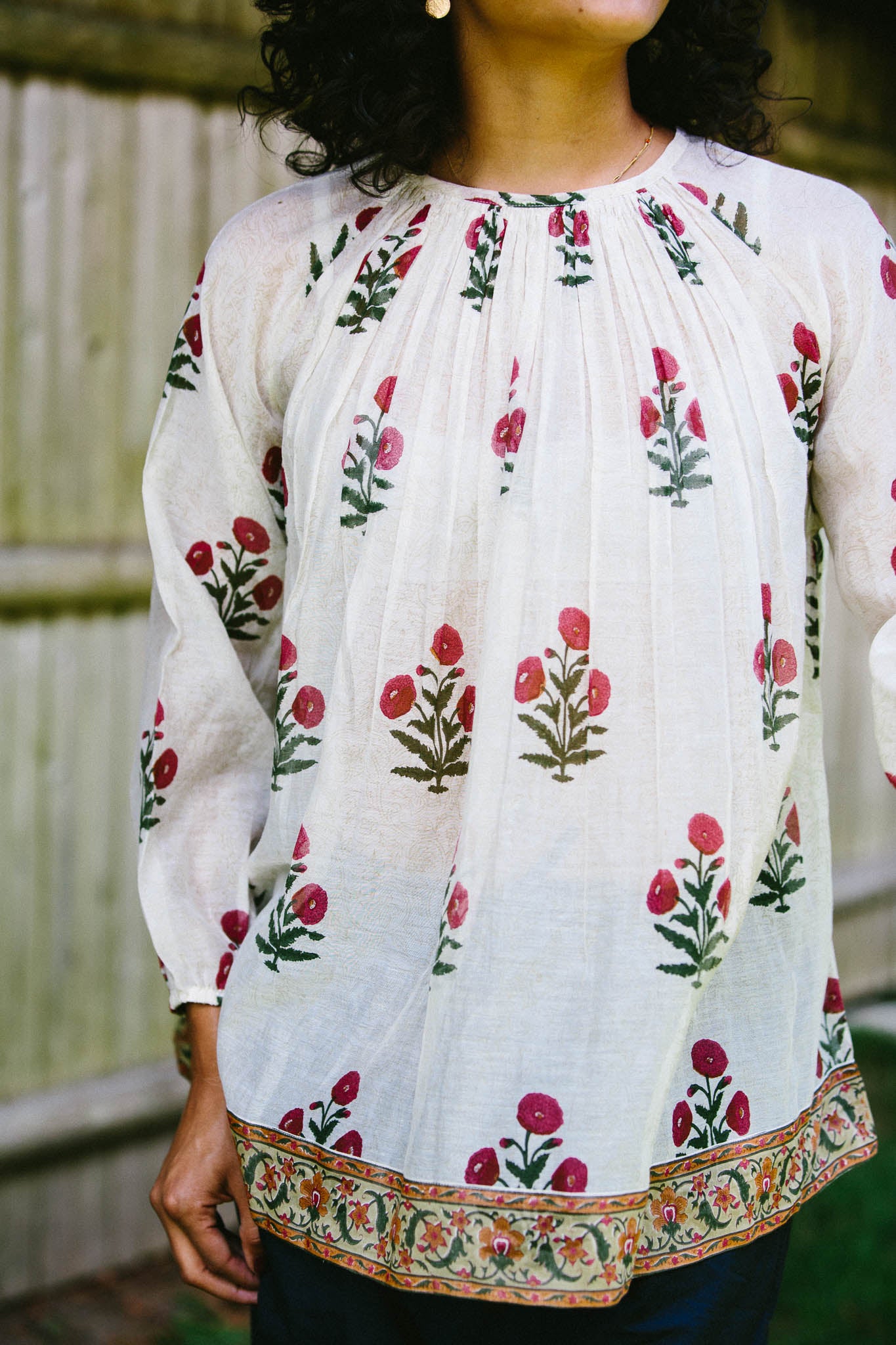 pleated block print floral top