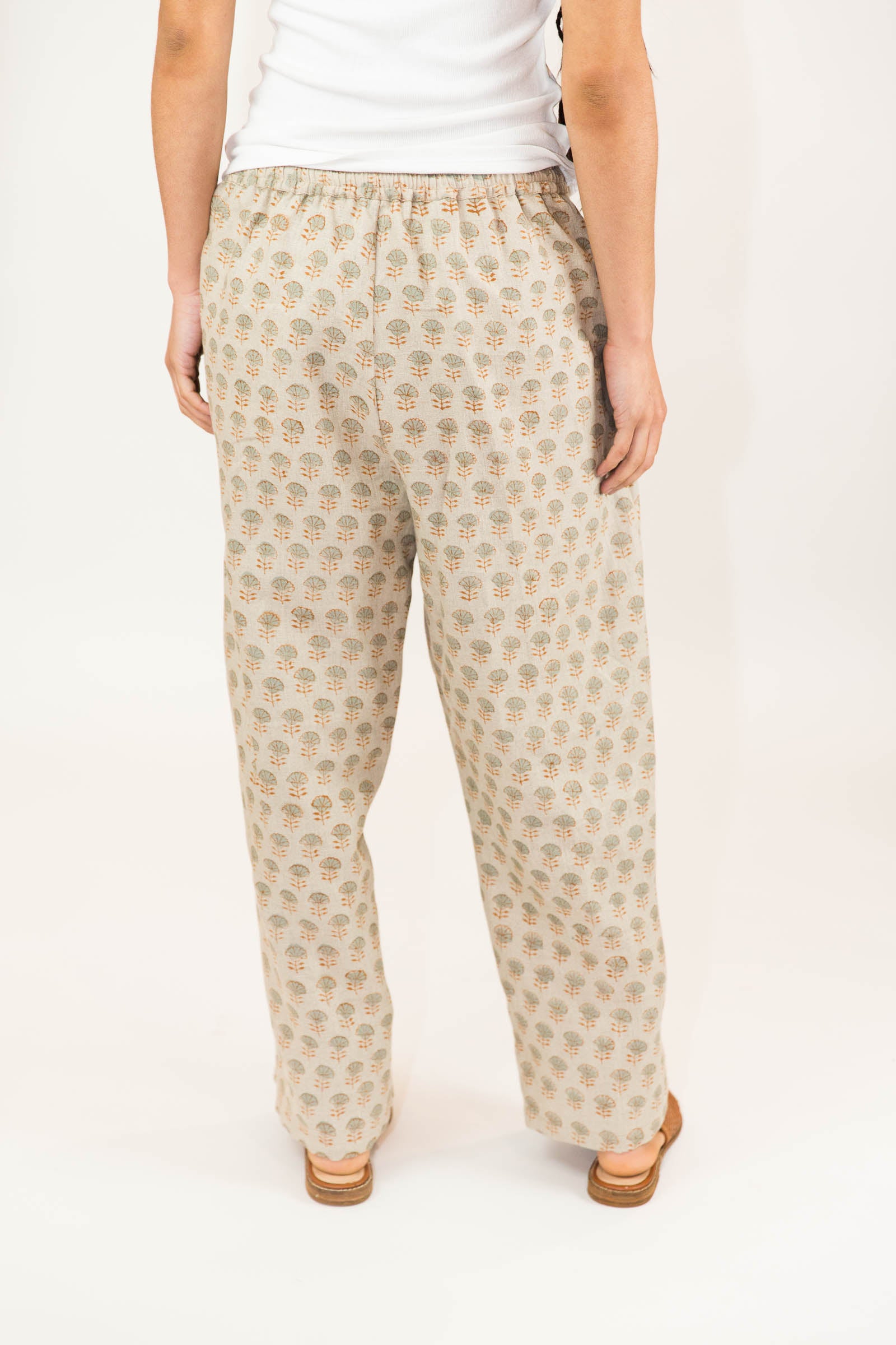 Block Printed Linen Pants in Grove