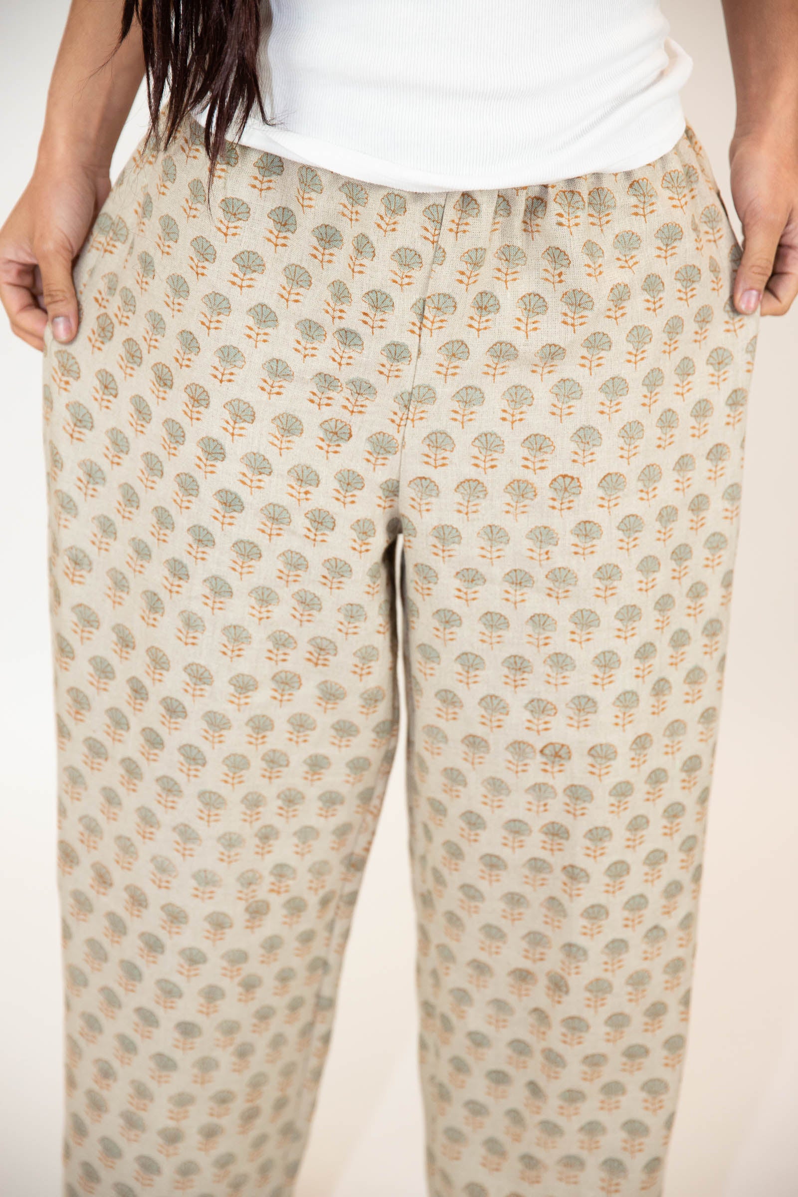 Block Printed Linen Pants in Grove
