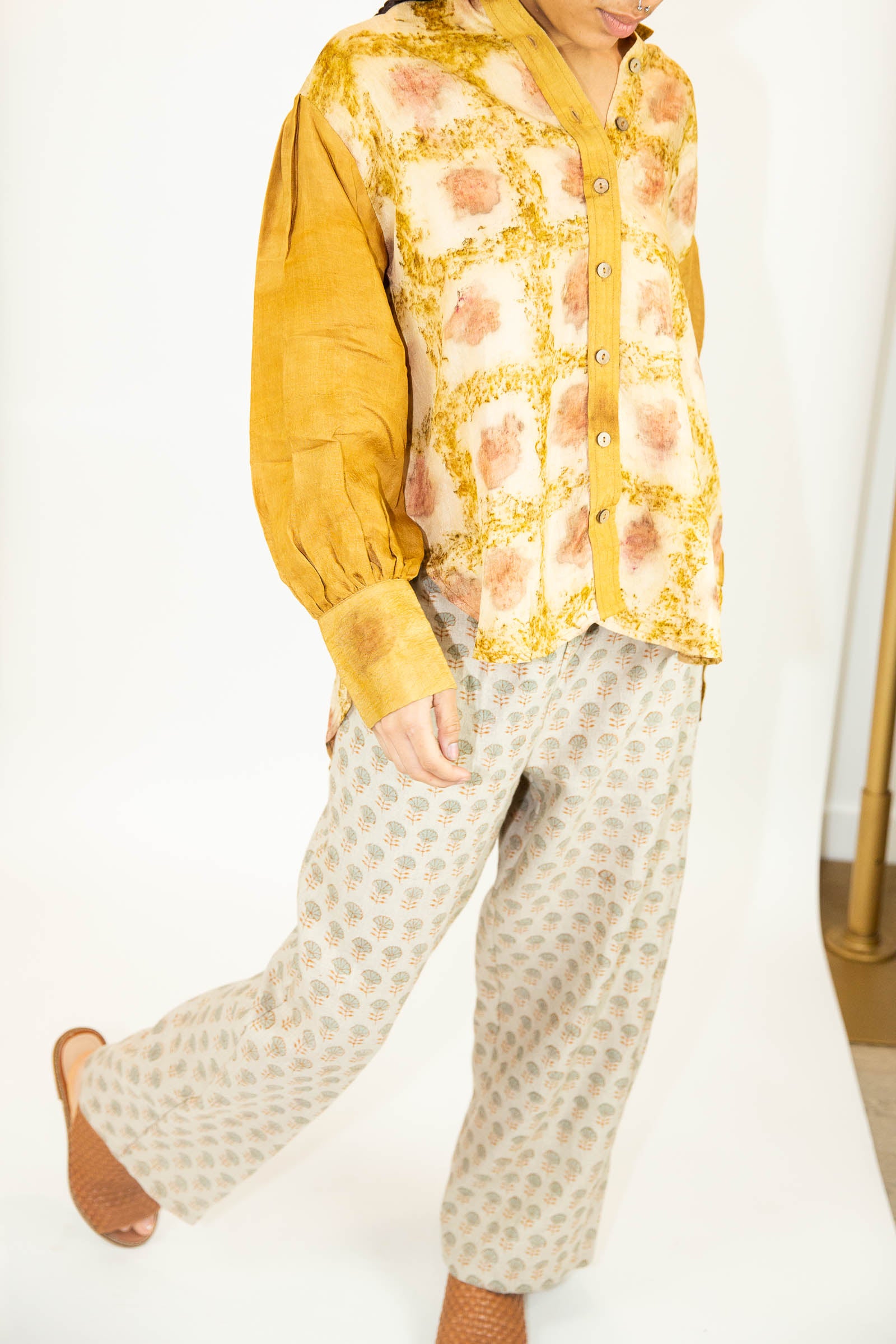 Block Printed Linen Pants in Grove