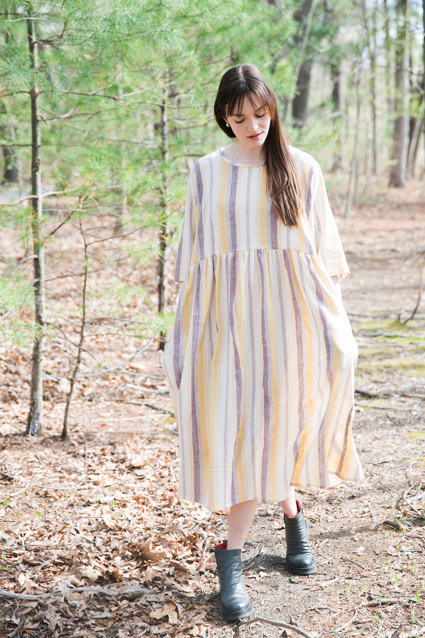 Doree Dress in Handwoven Kala Cotton – Plum Stripe